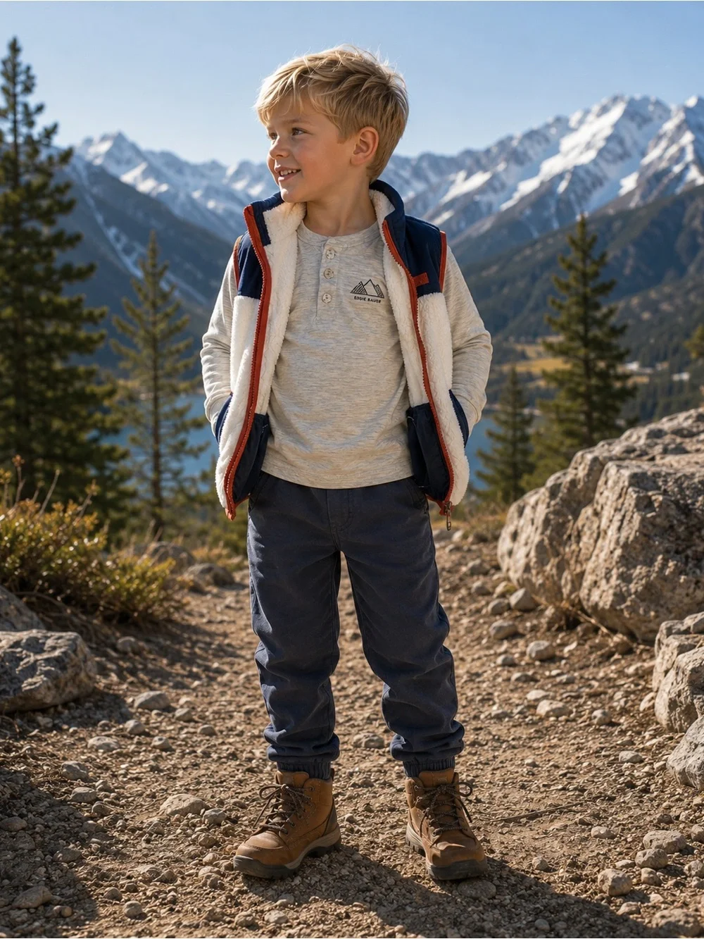 🏔️EDDIE BAUER Boys’ Cozy Sherpa Vest and Henley Set - Size 5 (Age 5-6)
